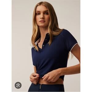 Greyson Womens Designer Navy Blue Scarlett Cropped Short Sleeve Polo Top Large